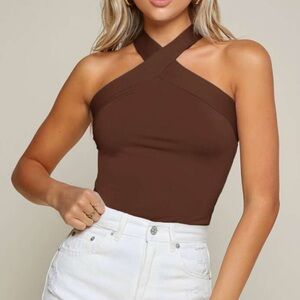 Dark Brown Fitted Twist Neck Halter Top,  Medium, New with tags